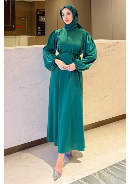 Balon Kol Belden Bağlama Detaylı Saten Abiye- Benetton Yeşili