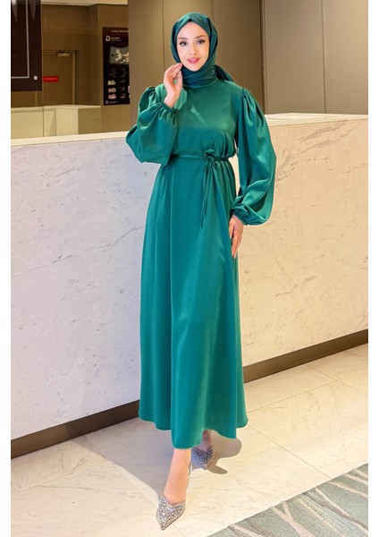 Balon Kol Belden Bağlama Detaylı Saten Abiye- Benetton Yeşili fiyatları