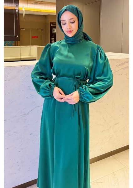 Balon Kol Belden Bağlama Detaylı Saten Abiye- Benetton Yeşili fırsatları