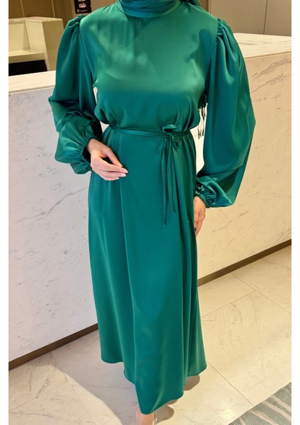 Balon Kol Belden Bağlama Detaylı Saten Abiye- Benetton Yeşili indirimleri