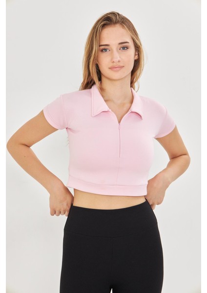 Kadın Esnek Modal Kumaş Polo Yaka Tişört Pembe 8508-P modelleri