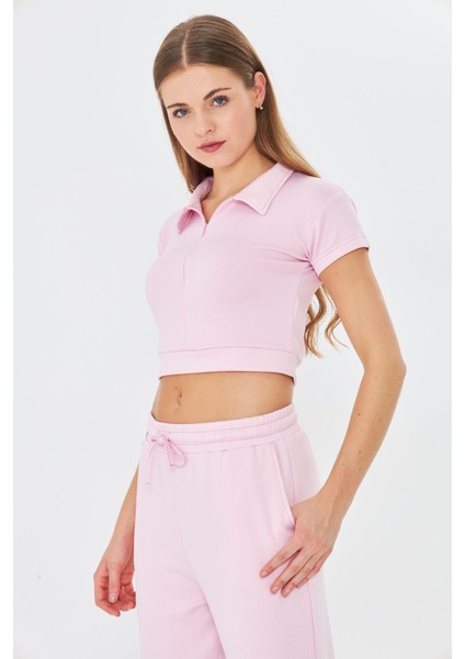 Kadın Esnek Modal Kumaş Polo Yaka Tişört Pembe 8508-P
