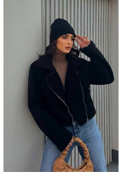 Kadın Süet Mont Kısa Içi Kürklü Kruvaze Fermuarlı Cepli Ceket