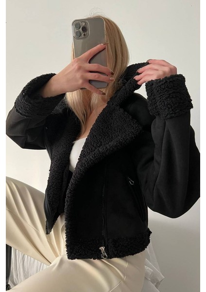 Kadın Süet Mont Kısa Içi Kürklü Kruvaze Fermuarlı Cepli Ceket indirimleri