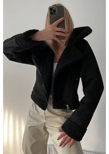 Kadın Süet Mont Kısa Içi Kürklü Kruvaze Fermuarlı Cepli Ceket