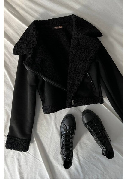 Kadın Süet Mont Kısa Içi Kürklü Kruvaze Fermuarlı Cepli Ceket