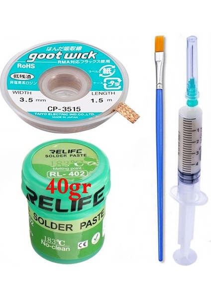 Relıfe RL-402/ Krem Lehim Paste 183°C 40G Flux Lehim Toplama ve Cp 3515 Lehim Emme Teli Elektronikçi Yardımcı SETI02