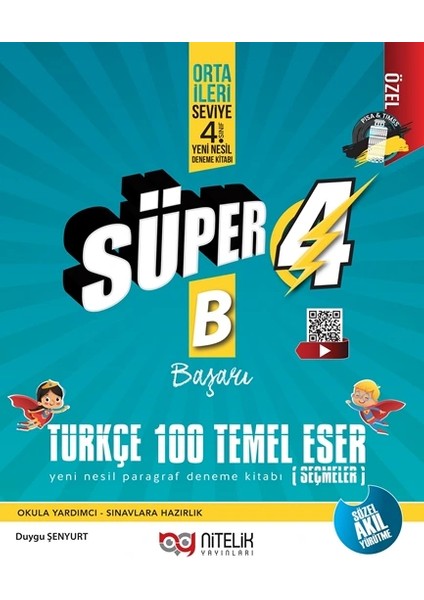 Yeni Süper 4 Sınıf Türkçe 100 Temel Eser B Başarı Yeni Nesil Soru Kitabı Nitelik Yayınları