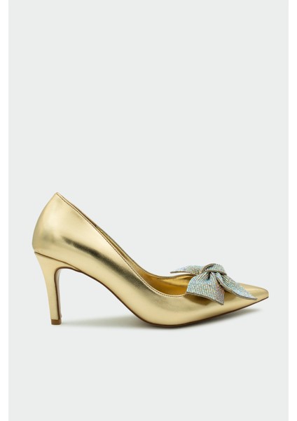 Pegia Gold Taşlı Fiyonklu Kadın Topuklu Ayakkabı