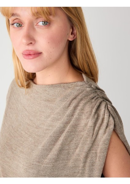 Bej Melanj Kayık Yaka Büzgülü Düşük Omuz Triko Midi Elbise fırsatları