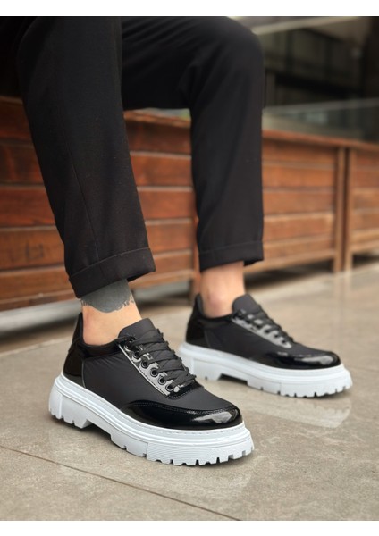 BA0243 Bağcıklı Rugan Paraşüt Detaylı Yüksek Taban Siyah Erkek Ayakkabı