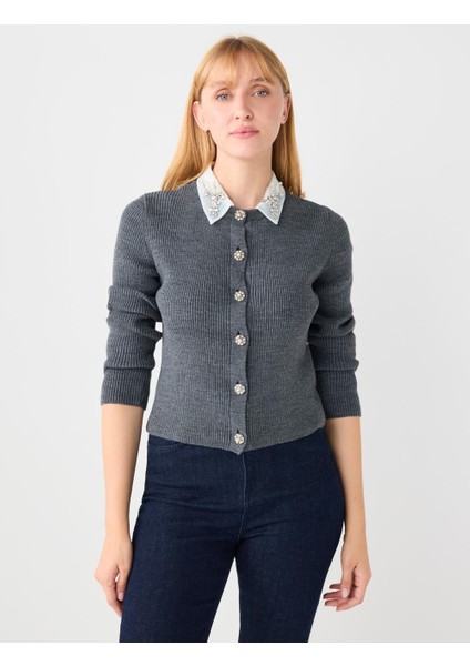 Antrasit Dar Kesim Yakası Inci ve Taş Detaylı Triko Hırka