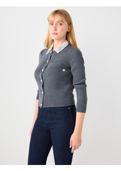 Antrasit Dar Kesim Yakası Inci ve Taş Detaylı Triko Hırka modelleri