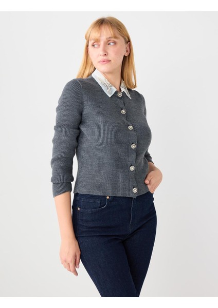 Antrasit Dar Kesim Yakası Inci ve Taş Detaylı Triko Hırka fırsatları