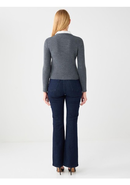 Antrasit Dar Kesim Yakası Inci ve Taş Detaylı Triko Hırka