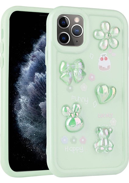 Apple iPhone 11 Pro Max Kılıf Kabartma Figürlü Parlak Inc Toys Silikon Kapak-Açık Yeşil