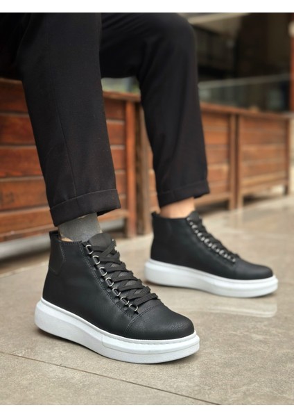 BA0713 Bağcıklı Yüksek Siyah Beyaz Taban Erkek Tarz Spor Bot