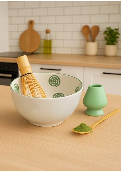 4'lü Mathca Seti - Bambu Matcha Çırpıcı Whisk, Seramik Whisk Tutucu, Mathca Karıştırma Kasesi ve Bambu Scoop Kaşık