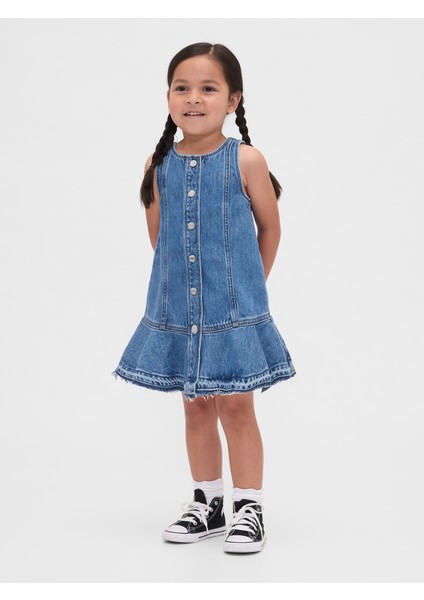 Kız Bebek Koyu Mavi Denim Peplum Hem Elbise