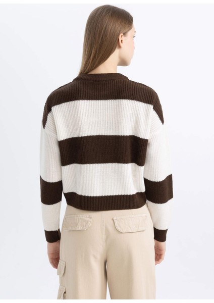 Oversize Geniş Kalıp Bisiklet Yaka Çizgili Triko Kazak X4931AZ24WN