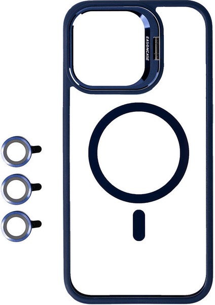 iPhone 15 Pro Max Uyumlu Magsafe Wireless Şarj Özellikli Standlı Senk Magsafe Klon Lensli Kapak-Lacivert