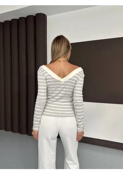 V Yaka Kol ve Yaka Düğmeli Bluz Gribeyaz A4047 modelleri
