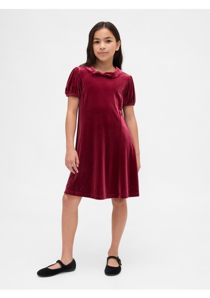 Kız Çocuk Bordo Kadife Fiyonk Elbise