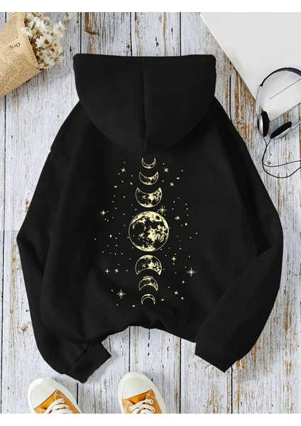 Unisex Kapüşonlu Gezegenler Baskılı Oversize Hoodie - Sokak Stili - Günlük Kombin