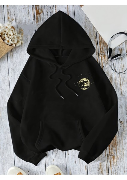 Unisex Kapüşonlu Gezegenler Baskılı Oversize Hoodie - Sokak Stili - Günlük Kombin modelleri