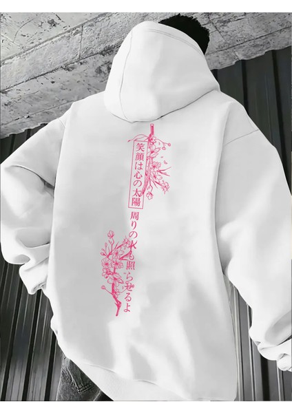 Erkek Kapüşonlu Sakura Kiraz Çiceği Sırt Baskılı Oversize Hoodie - Sokak Stili - Günlük Kombin