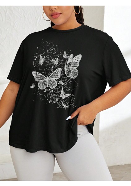 Kadın Kelebek Baskılı Oversize T-Shirt Rahat ve Şık Tasarım