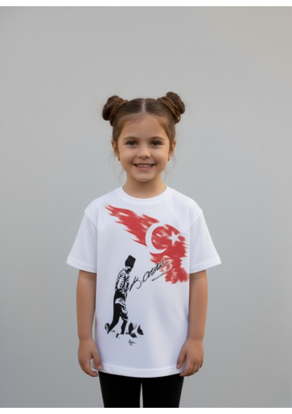 Çoçuk Erkek-Kız Atatürk Kocatepe Türk Bayraklı %100 Pamuk Kısa Kollu Beyaz T-Shirt