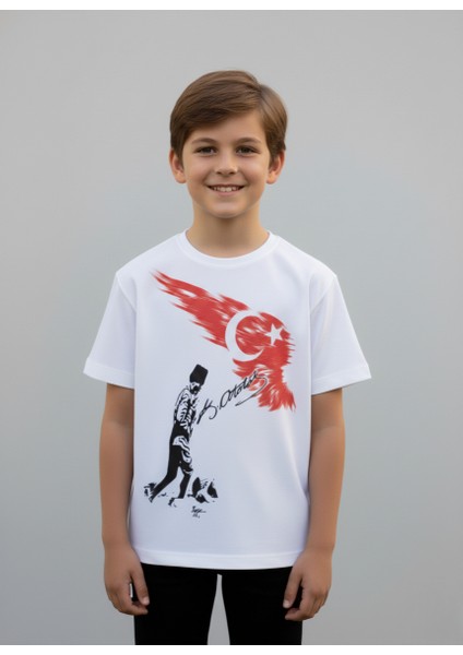 Çoçuk Erkek-Kız Atatürk Kocatepe Türk Bayraklı %100 Pamuk Kısa Kollu Beyaz T-Shirt fiyatları