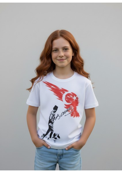 Çoçuk Erkek-Kız Atatürk Kocatepe Türk Bayraklı %100 Pamuk Kısa Kollu Beyaz T-Shirt modelleri