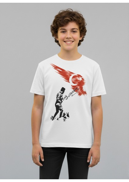 Çoçuk Erkek-Kız Atatürk Kocatepe Türk Bayraklı %100 Pamuk Kısa Kollu Beyaz T-Shirt indirimleri