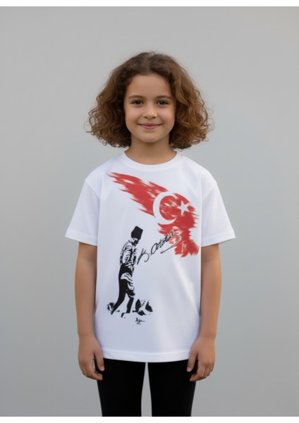 Çoçuk Erkek-Kız Atatürk Kocatepe Türk Bayraklı %100 Pamuk Kısa Kollu Beyaz T-Shirt