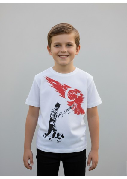 Çoçuk Erkek-Kız Atatürk Kocatepe Türk Bayraklı %100 Pamuk Kısa Kollu Beyaz T-Shirt