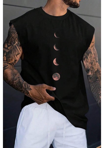 Ayın Evreleri Baskılı Oversize Kolsuz T-Shirt