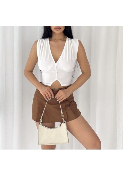 Kadın Sandy Önü Düğmeli V Yaka Bluz fiyatları