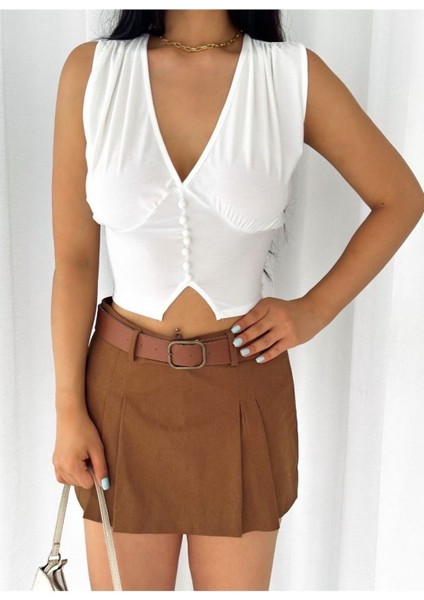 Kadın Sandy Önü Düğmeli V Yaka Bluz modelleri