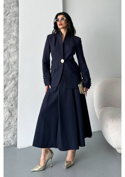 Kadın Ikili Takım Şık Düğme Detaylı Dik Yaka Blazer Ceket Uzun Çan Etek Takım