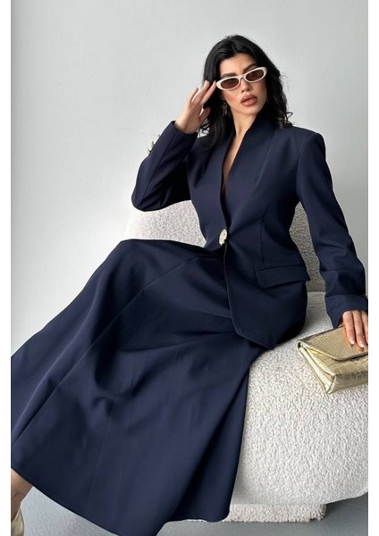 Kadın Ikili Takım Şık Düğme Detaylı Dik Yaka Blazer Ceket Uzun Çan Etek Takım fiyatları
