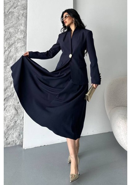 Kadın Ikili Takım Şık Düğme Detaylı Dik Yaka Blazer Ceket Uzun Çan Etek Takım modelleri