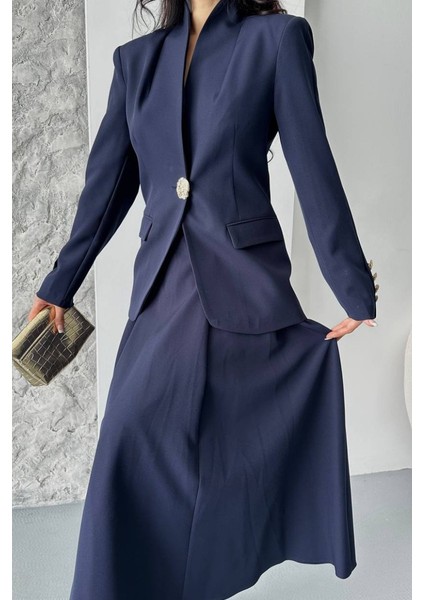 Kadın Ikili Takım Şık Düğme Detaylı Dik Yaka Blazer Ceket Uzun Çan Etek Takım fırsatları