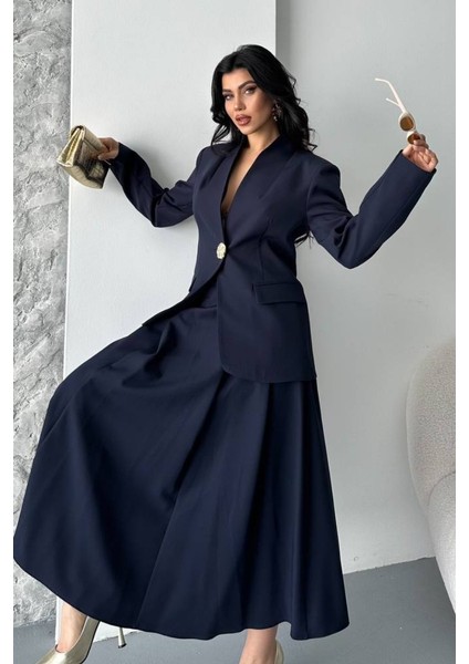 Kadın Ikili Takım Şık Düğme Detaylı Dik Yaka Blazer Ceket Uzun Çan Etek Takım indirimleri