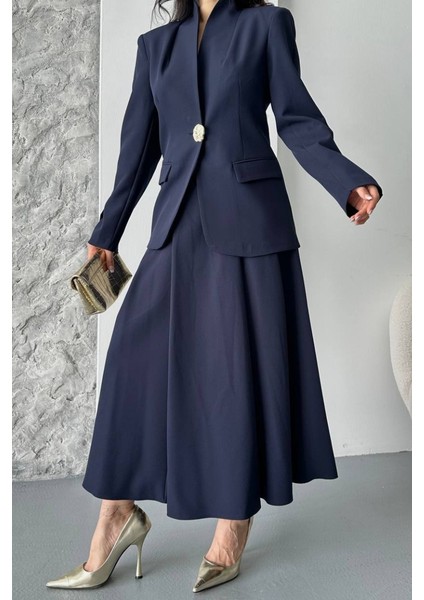 Kadın Ikili Takım Şık Düğme Detaylı Dik Yaka Blazer Ceket Uzun Çan Etek Takım