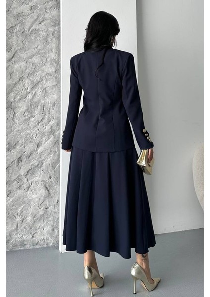Kadın Ikili Takım Şık Düğme Detaylı Dik Yaka Blazer Ceket Uzun Çan Etek Takım