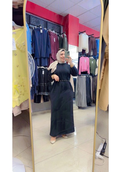 Omuz ve Kol Düğme Detaylı Boydan Elbise