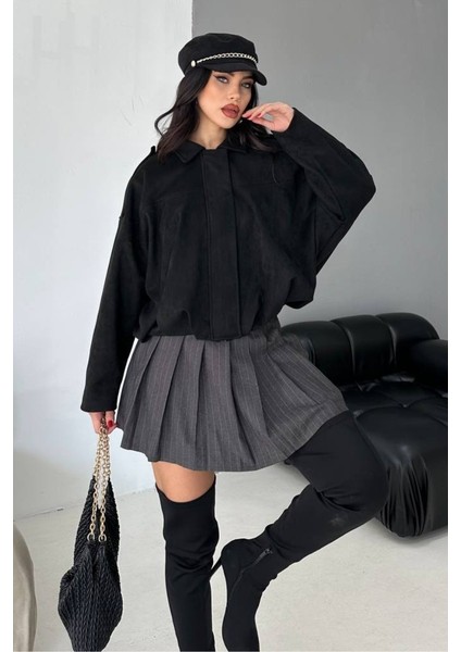 Kadın Mont Kısa Oversize Süet Fermuarlı Gömlek Yaka Düşük Omuz Ceket