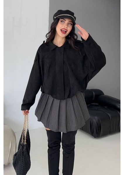 Kadın Mont Kısa Oversize Süet Fermuarlı Gömlek Yaka Düşük Omuz Ceket fiyatları